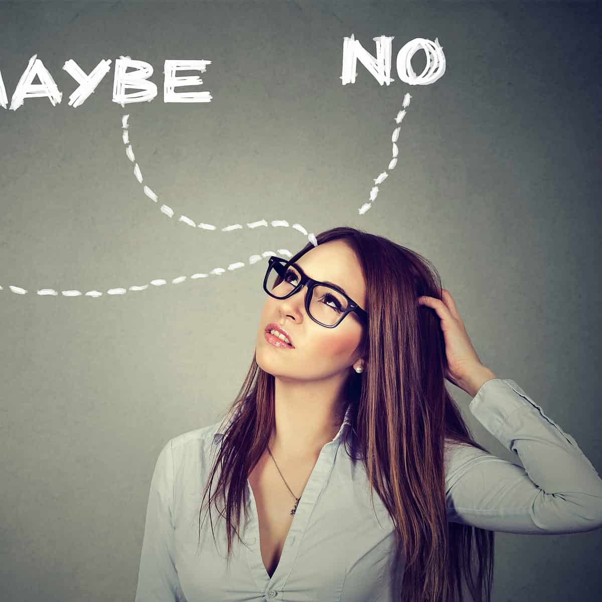 Thinking undecided woman has doubts Thinking undecided woman has doubts
